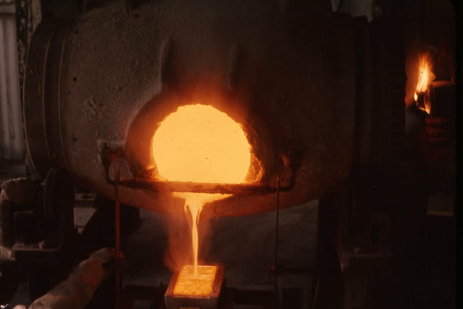 melting, metal, gray, steel container, gold, molten, liquid, hot, industrial, casting