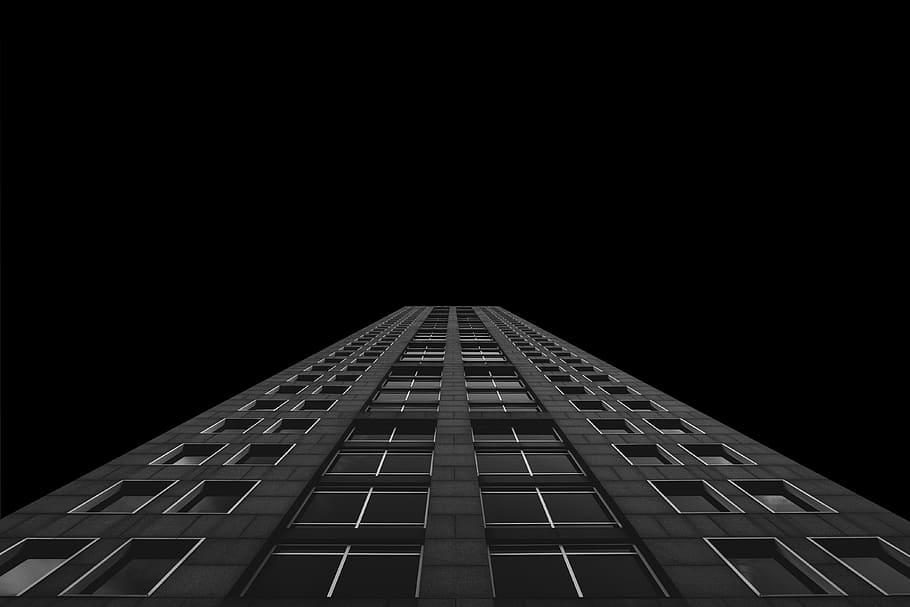 baixa, fotografia de ângulo, alta, prédio, escuro, preto, branco, arquitetura, arranha céu, preto e branco