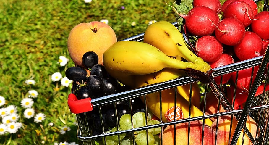fruits on cart, fruits, cart, shopping cart, healthy shopping, fruit, vegetables, bananas, peaches, grapes