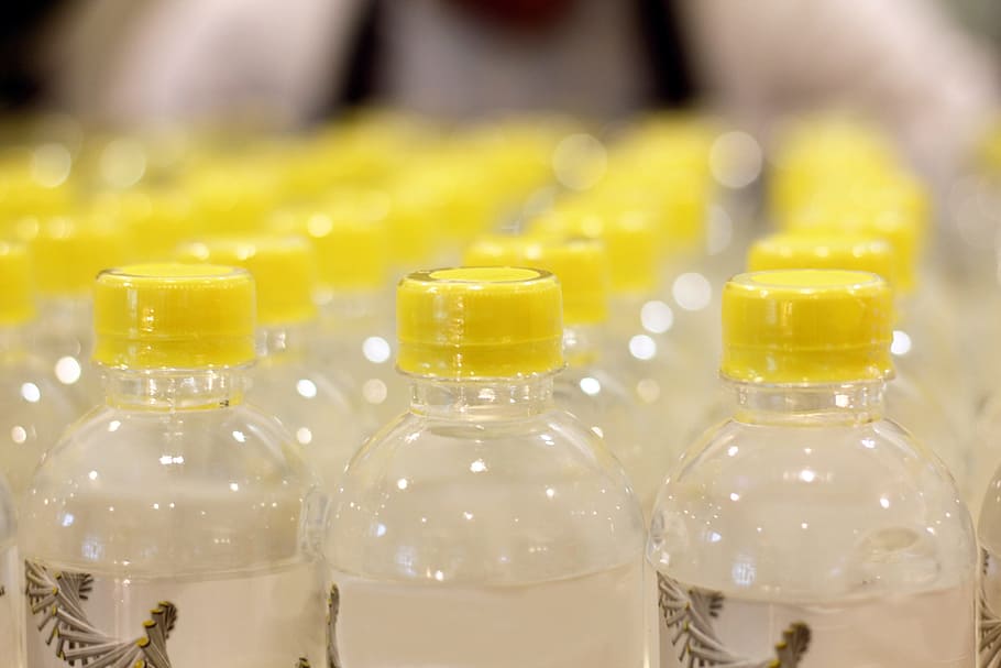 clear, plastic bottle, yellow, cap lot, Bottle, Water, Packaging, Lid, bottle of water, the bottle