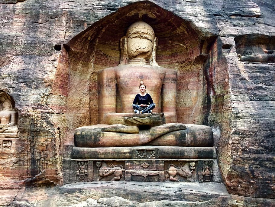 woman, sitting, buddha statue, india, jane, gwalior, ancient, carved, culture, destination