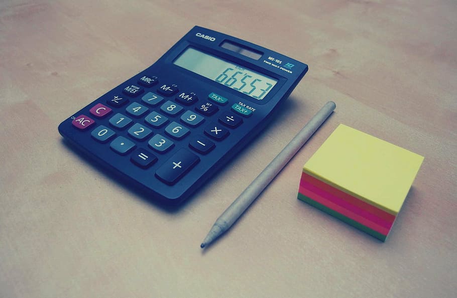 negro, calculadora de escritorio casio, superior, marrón, superficie, escritorio, calculadora, cerca, gris, bolígrafo