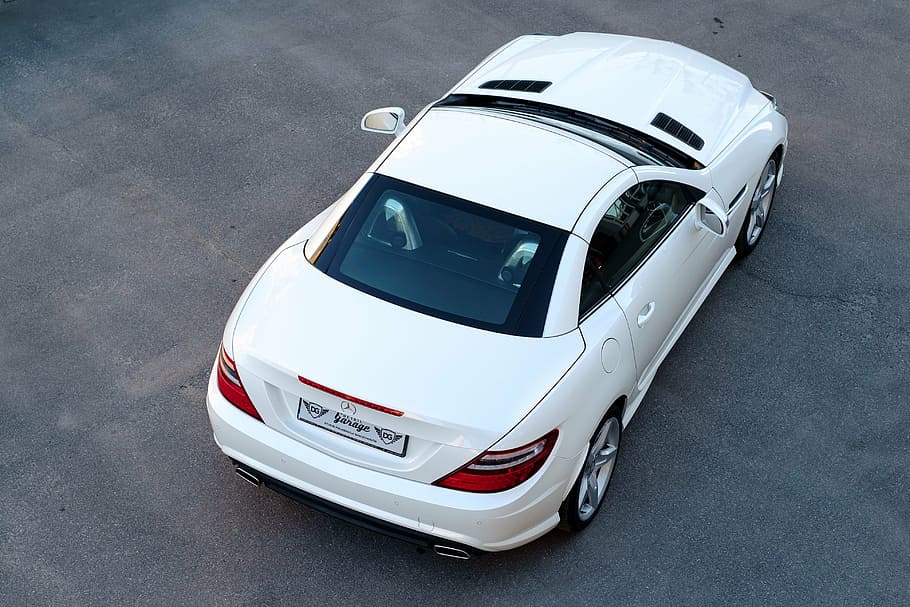 white mercedes-benz coupe, car, mercedes, slk, auto, transport, design, transportation, luxury, vehicle
