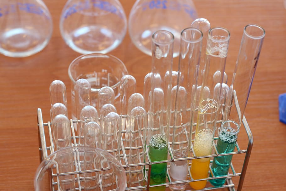 clear, glass test tubes, rack, laboratory, chemistry, subjects, chemical, bottle, react, compounds
