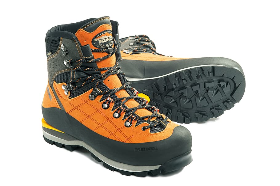 pair, orange, hiking, boots, white, background, shoe, mountain shoe, hiking shoes, sport