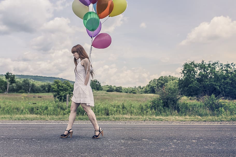 selective, focus, photographed, woman, wearing, white, sleeveless mini dress, balloons, party, girl