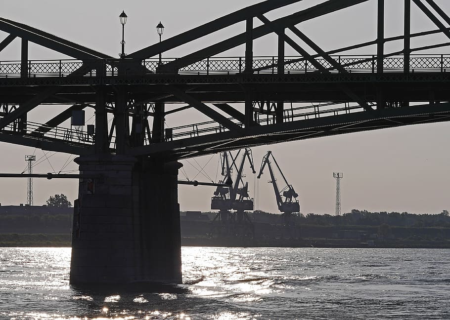 puente, grúas, puerto, Danubio, luz de la mañana, cegadora, luz de fondo, corriente, río, banda ancha
