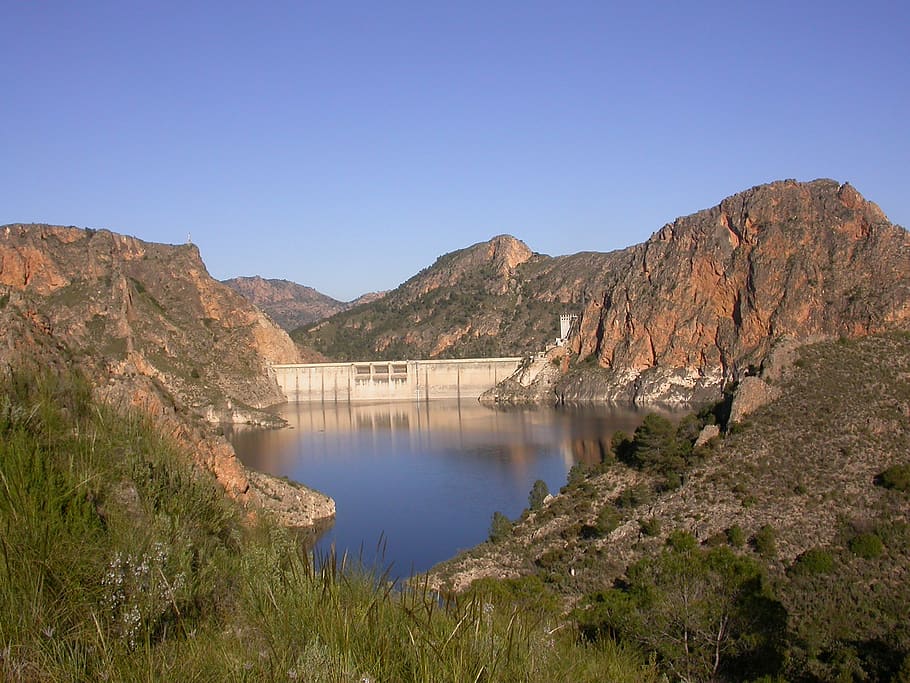 reservoir, mountain, landscape, nature, dam, murcia, spain, water, scenics - nature, sky