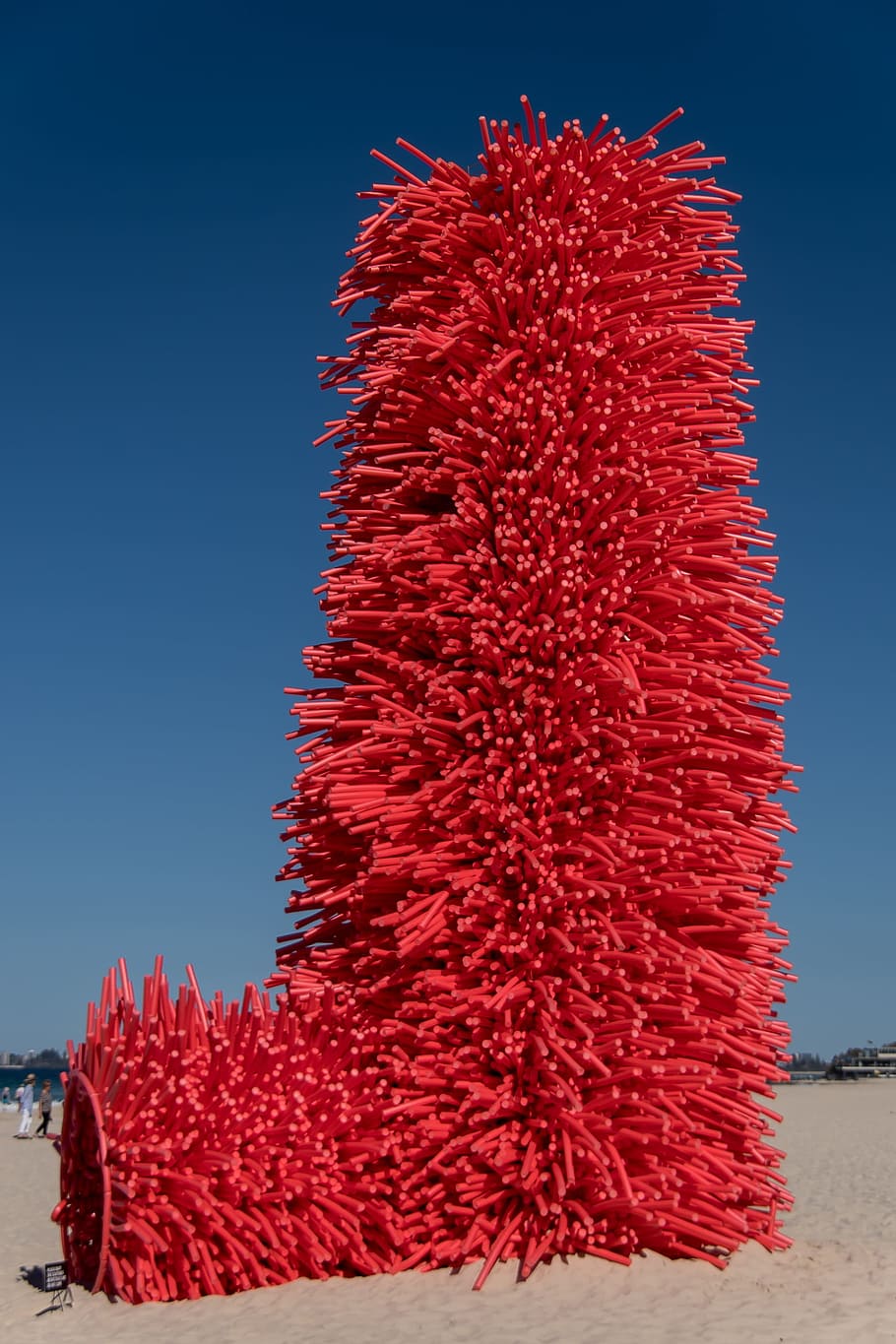 boot, art sculpture, large, giant, red, fun, artwork, woven, foam, beach