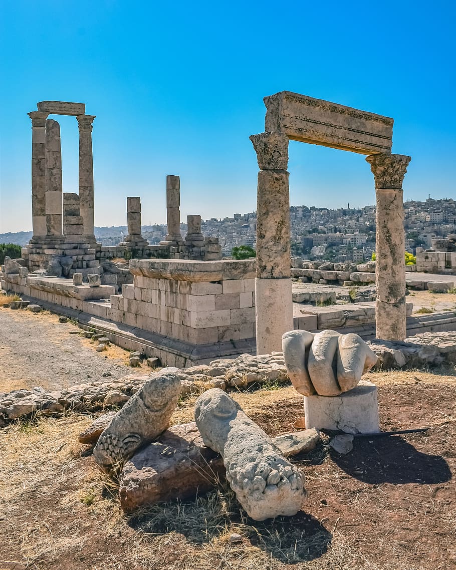 temple of hercules, historic site, roman temple, pillars, amman citadel, ancient, historic, travel, tourism, archaeology