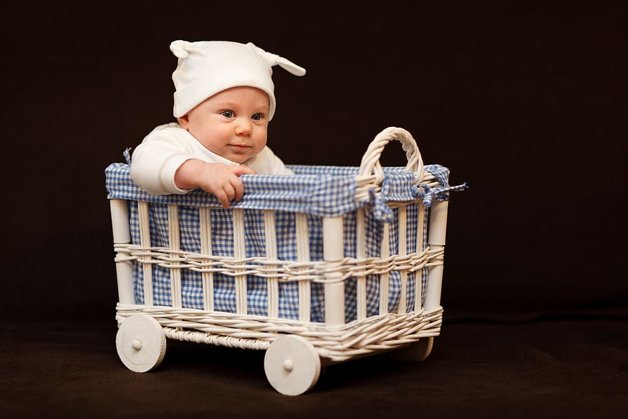 baby, wearing, white, cap, riding, bassinet, baby boy, basket, adorable, beautiful