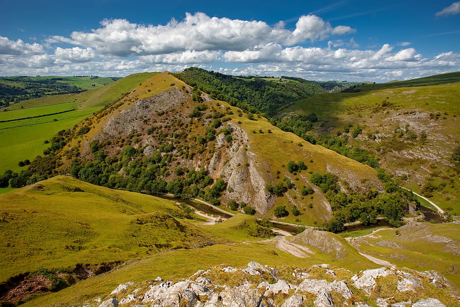 thorpe cloud, ilam, dovedale, staffordshire peak district, nature, landscape, panoramic, sky, grass, environment