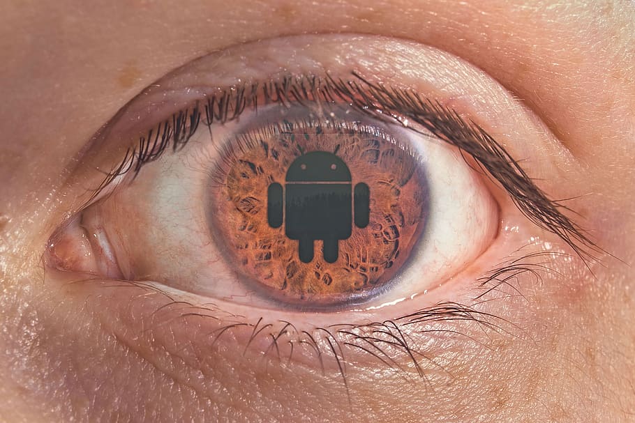 foto, persona, ojo, androide, iris, marrón, fanboy, teléfonos inteligentes, ventilador de Android, adicción al teléfono celular