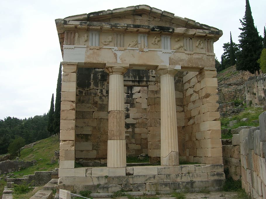 temple of delphi, ancient, greek, temple, apollo, treasury, hellenic, column, oracle, delphi