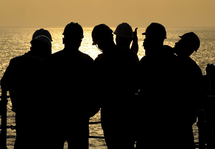 silhouette photography, six, men, standing, dock, calm, body, water, silhouettes, sailors