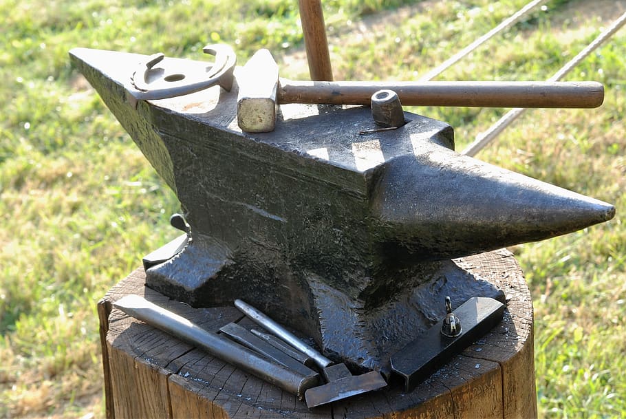 anvil, farrier, blacksmith tools, hammer, horseshoe, blacksmith, tools, metal, close-up, day