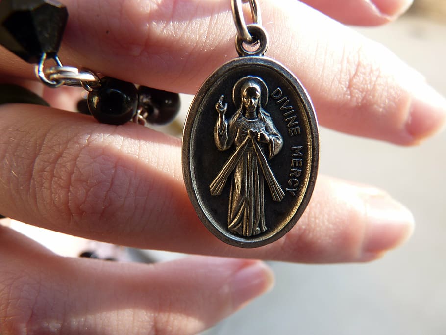 person, holding, divine, mercy pendant, church, rosary, religion, christian, catholic, faith