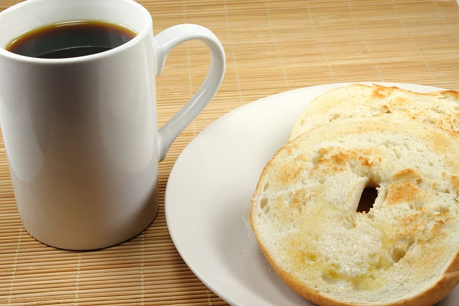 bread, sliced, saucer, cup, coffee, bagel, breakfast, mug, food, meal