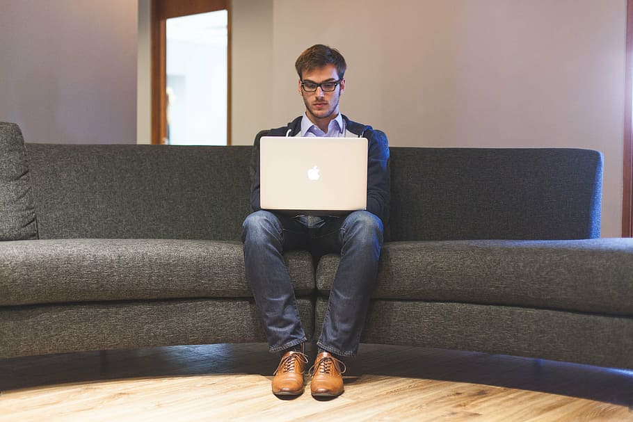 man, sitting, sofa, macbook, lap, entrepreneur, startup, start-up, planing, business