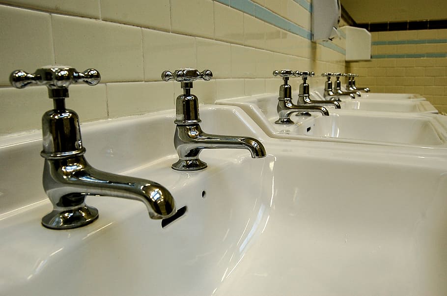 lined, gray, white, sinks, faucets, water tap, water, tap, clean, bathroom