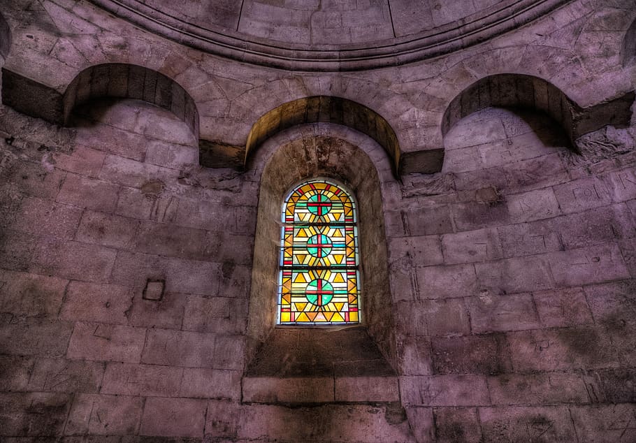 windows, arles, roman, church, wall, brick, stone, ancient, stained glass, architecture
