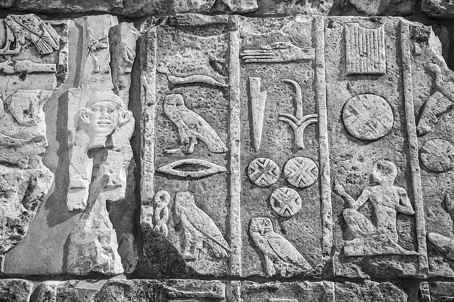 jeroglífico, antiguo, piedra, blanco y negro, escultura, textura, luz, templo, arquitectura, faraón
