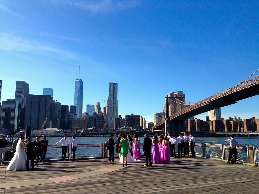 Puente de Brooklyn, Nueva York, Skyline, Brooklyn, Manhattan, río, novia, damas de honor, fotógrafo, escénico