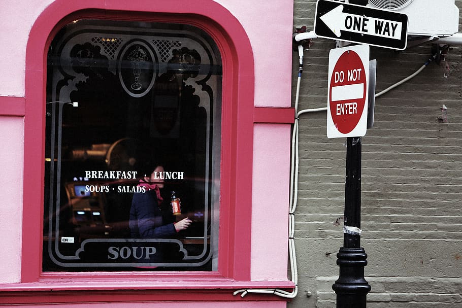 restaurant, pink, window, breakfast, lunch, soups, street, signs, one way, post