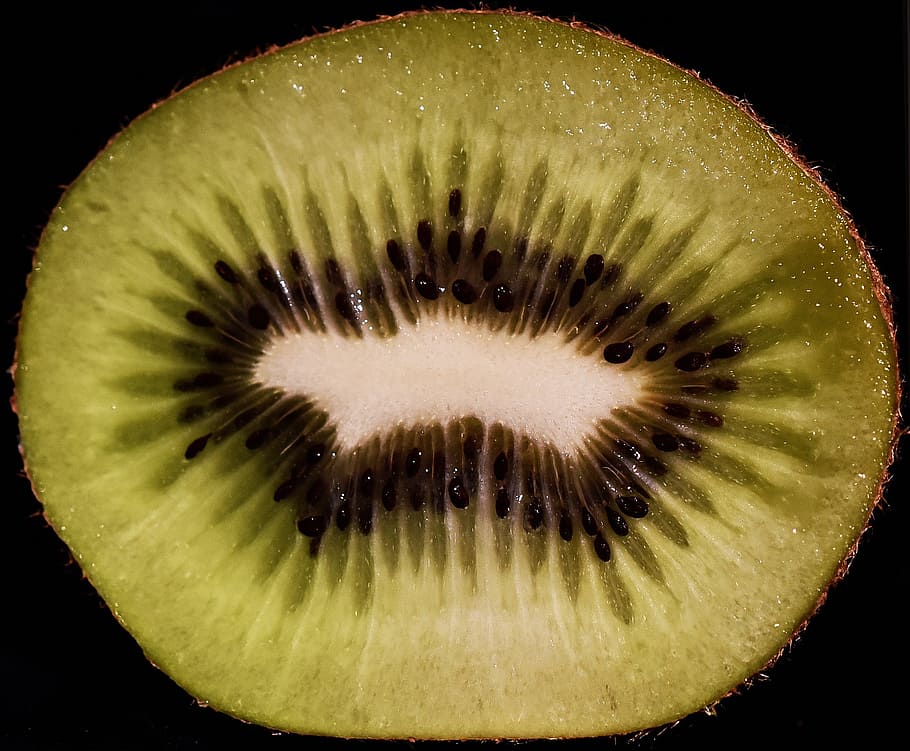 kiwi, buah, janin, masih hidup, makan sehat, foto studio, latar belakang hitam, kesejahteraan, irisan, kesegaran