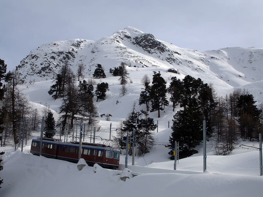 mountain, cogwheel train, switzerland, landscape, snow, cold temperature, winter, tree, beauty in nature, mode of transportation