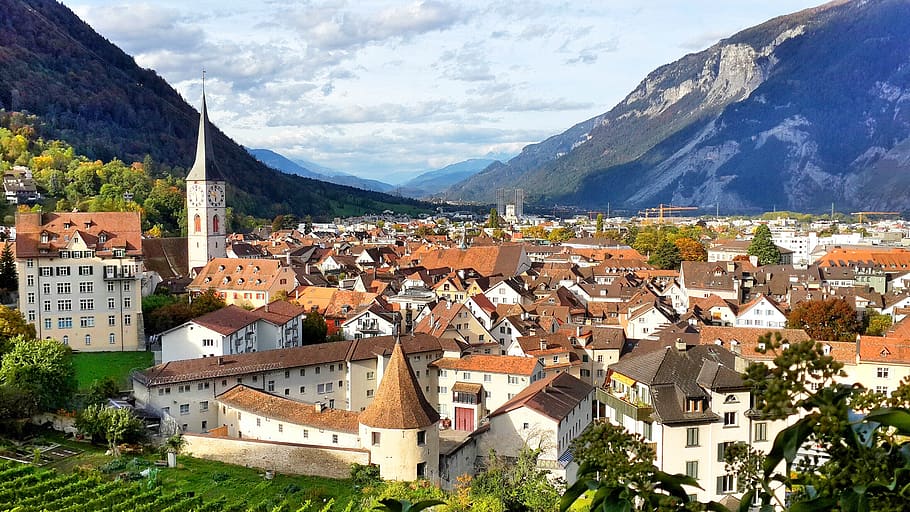 swiss oldest town, cathedral, clock tower, chur, switzerland, valley, gothic, historic, orange roof, architecture