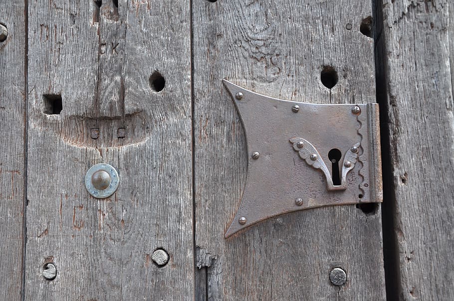 puerta, montaje, castillo, entrada, madera, viejo, puerta vieja, agujero de la llave, puerta de madera vieja, llamada en espera