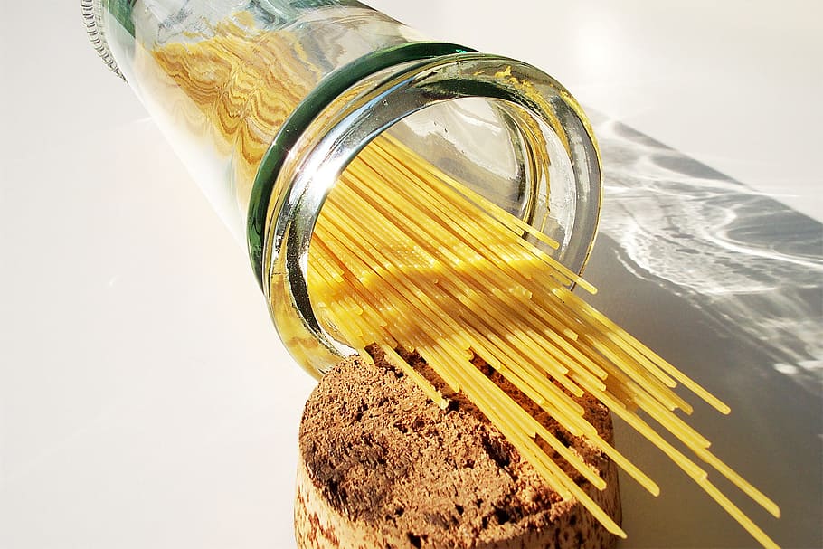 pasta, clear, glass container, spaghetti, noodles, glass, food, ingredient, raw, cook