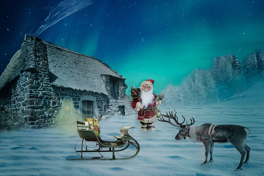 santa claus, house, snow, aurora, christmas, christmas motif, home, reindeer, slide, gifts