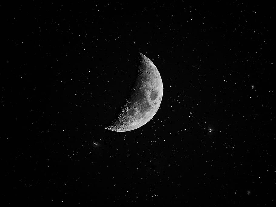 moon, stars, white, black, star, space, cosmos, sky, universe, evening