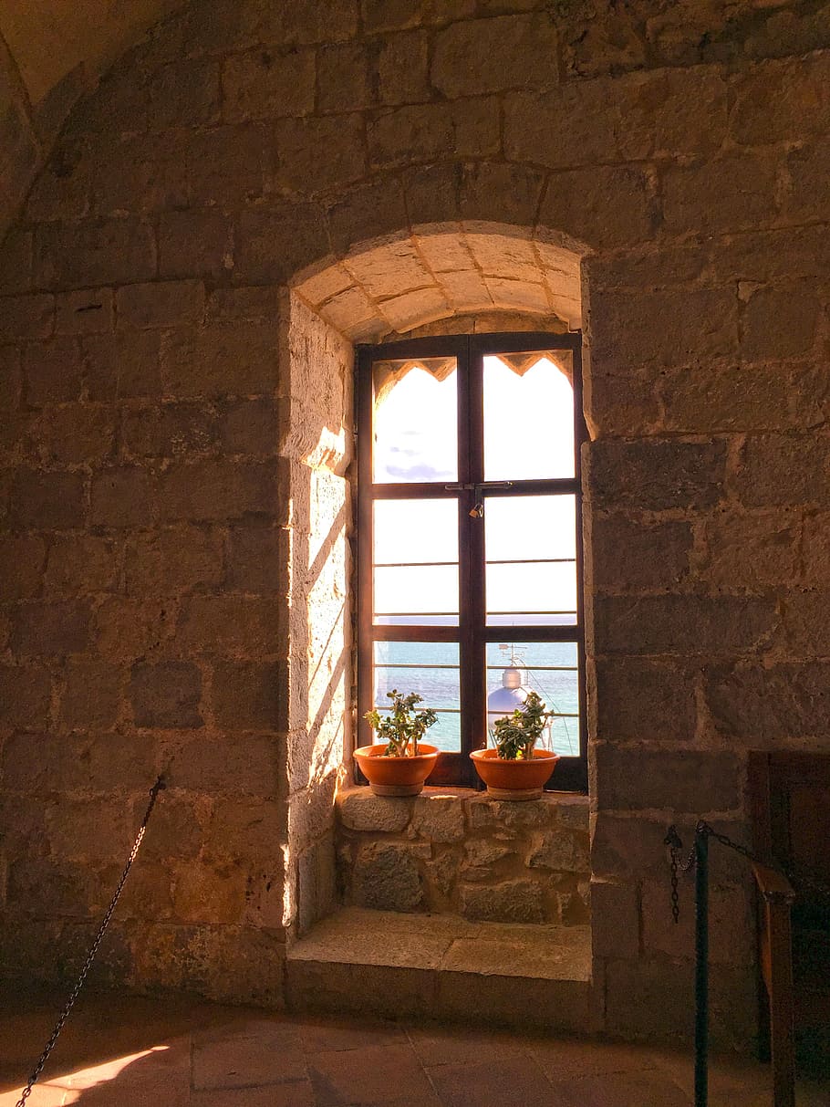 two, plastic, brown, potted, plants, window, castle, wall, sea, view