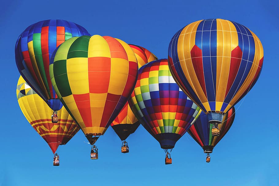 quente, balões de ar, azul, céu, balões de ar quente, céu azul, vários, balão, viagem, balão de ar quente