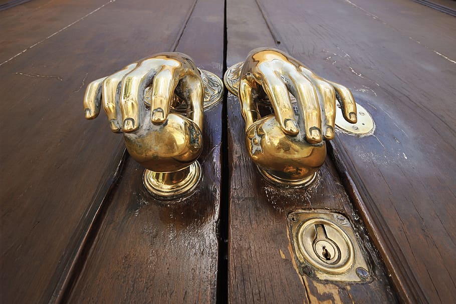 hands of gold, door, lock, metal, gold colored, wood - material, entrance, high angle view, close-up, doorknob