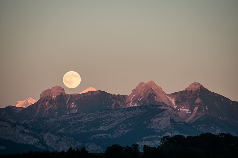 landscape photography, brown, mountains, moon, mountain, sky, nature, light, trees, beauty in nature