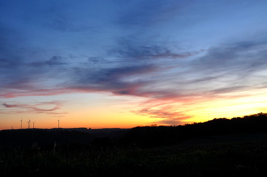 afterglow, panorama, view, rural, windräder, mood, sunset, sky, dusk, evening sky