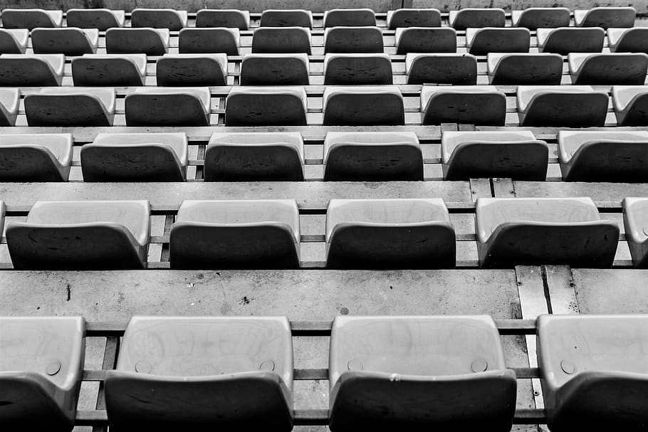 kursi, stadion, baris, acara, hitam dan putih, berturut-turut, pengulangan, latar belakang, kosong, berdampingan