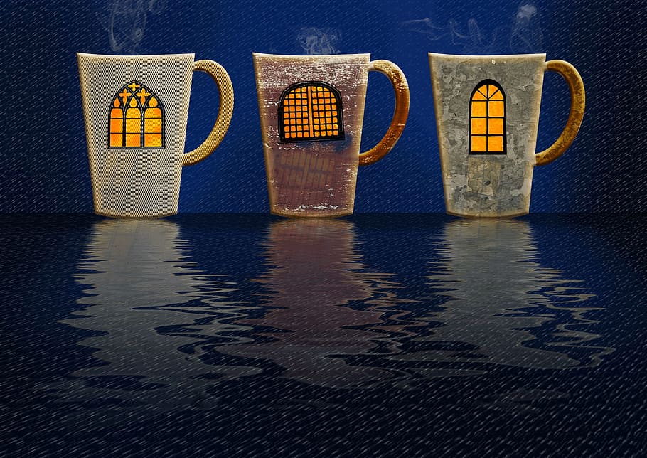 three, window, ceramic, mugs, cup, t, light, mirroring, shadow, blue