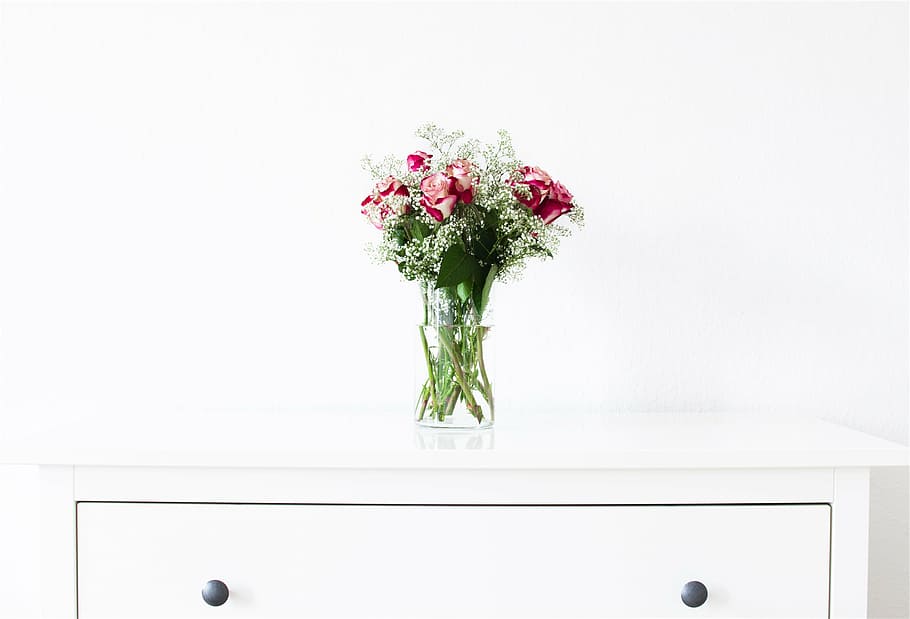 pink, roses, glass vase, white, rose, flower, centerpiece, flowers, bouquet, vase