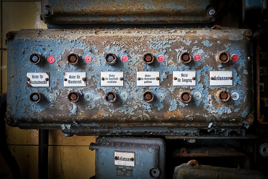 blue, gray, industrial, machine, lost places, panel, switch, leave, pforphoto, old
