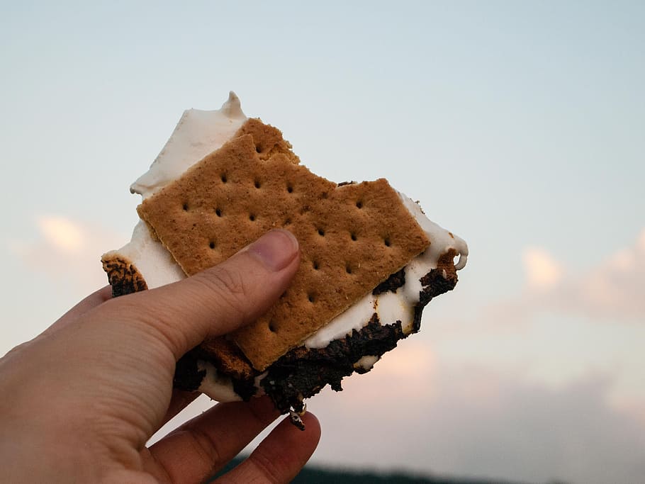 person, holding, crackers, vanilla fillings, Food, Chocolate, Campfire, smore, delicious, snack