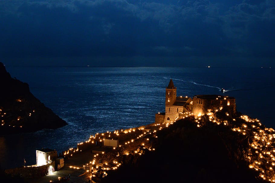 Portovenere, luces, noche, especias, liguria, italia, vacaciones, turismo, ciudad, iglesia