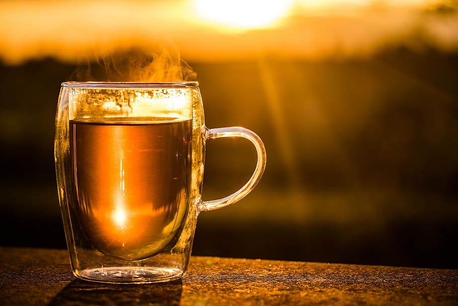 selectivo, fotografía de enfoque, claro, vaso de vidrio, taza de té, tee, bebida, caliente, vapor, té de menta