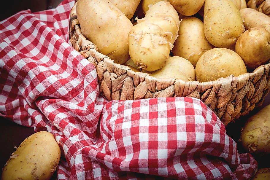 Close, potatoes, placed, basket., air, basket, brown, closeup, farming, food
