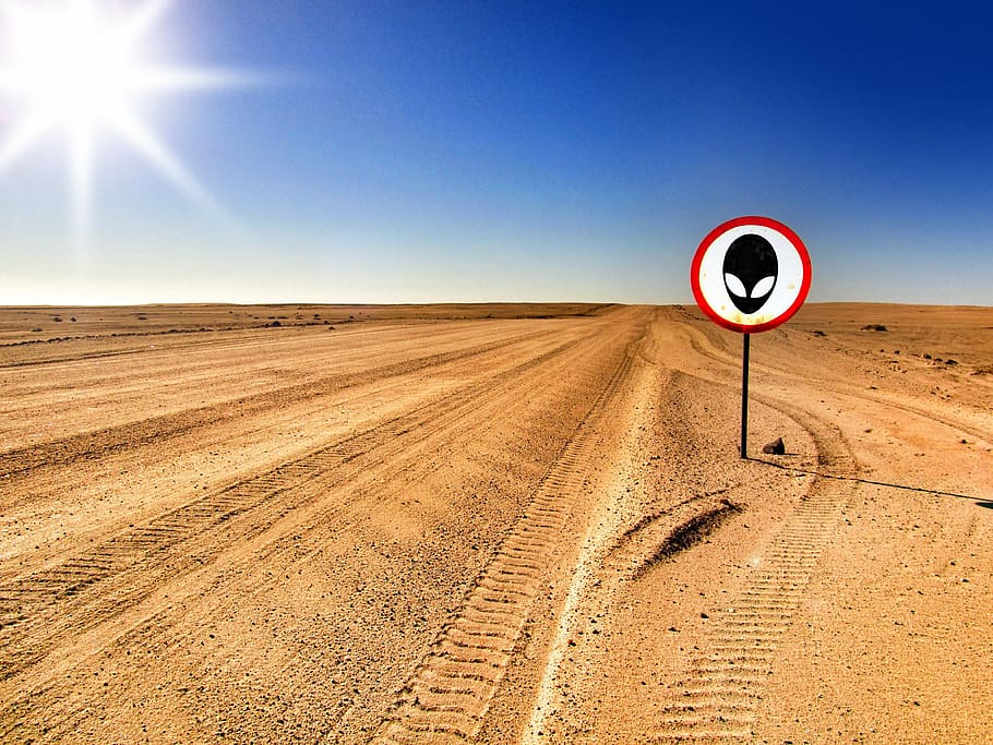 brown, deserted, field, daytime, area 51, alien, warning, desert, away, road