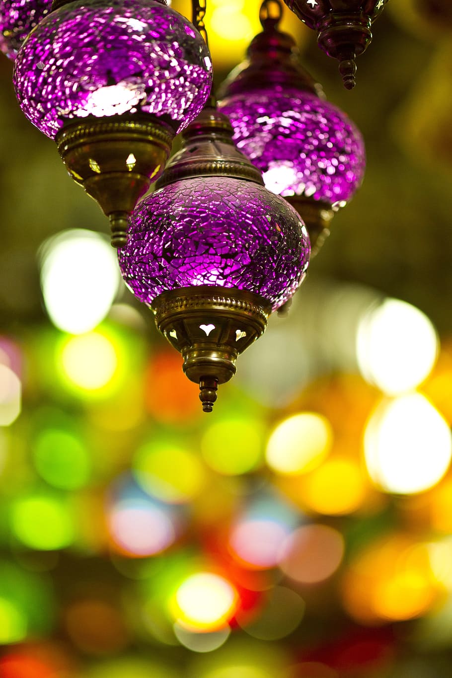 focus photography, three, purple, hanging, decor, bokeh background, lantern, turkish culture, souvenir, electric lamp